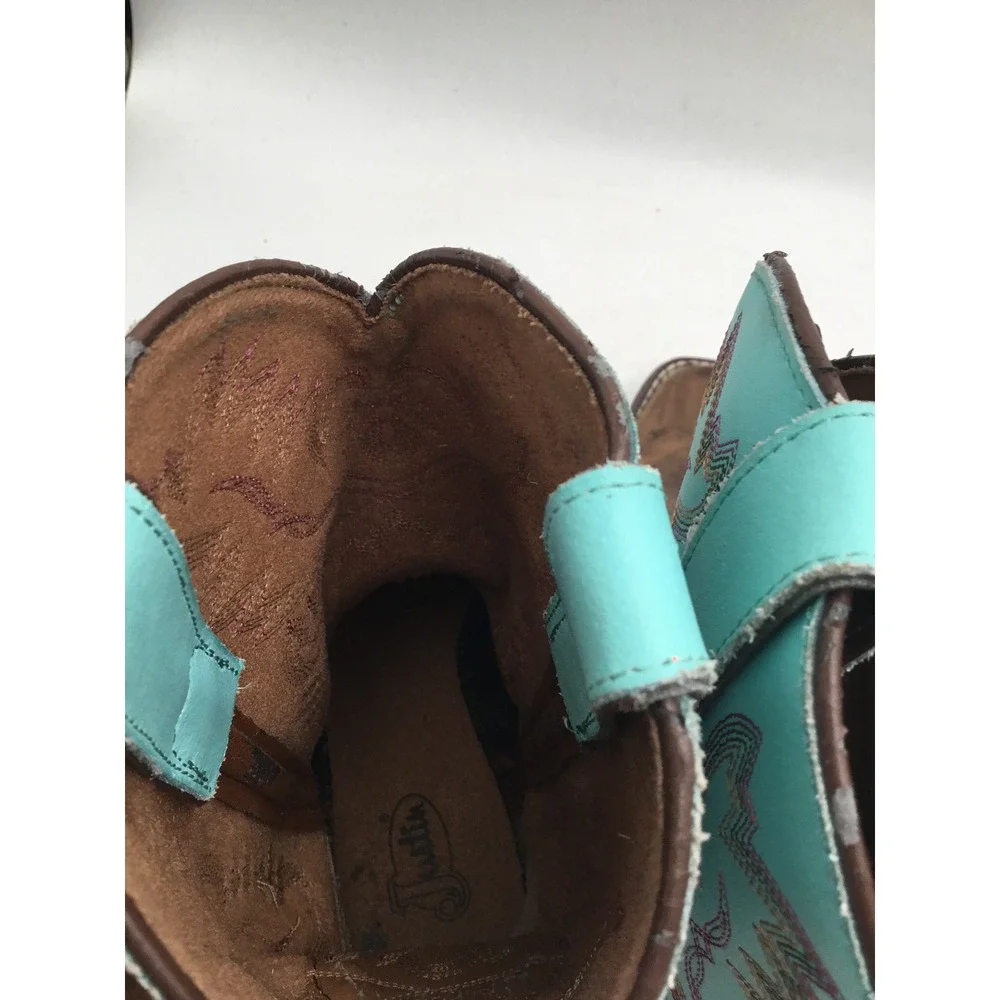 Justin Kids Brown Leather Turquoise Shaft Western Cowboy Boots 4853Y Size 3D